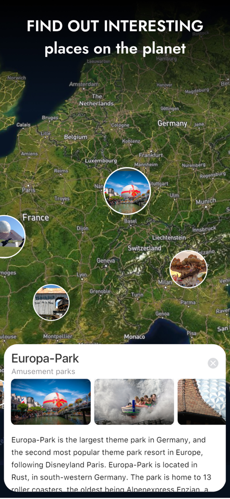 Globe 3D - Planet Earth Guide - Mappa interattiva dell'Europa nell'app Globe 3D che mostra dettagli per Europa-Park