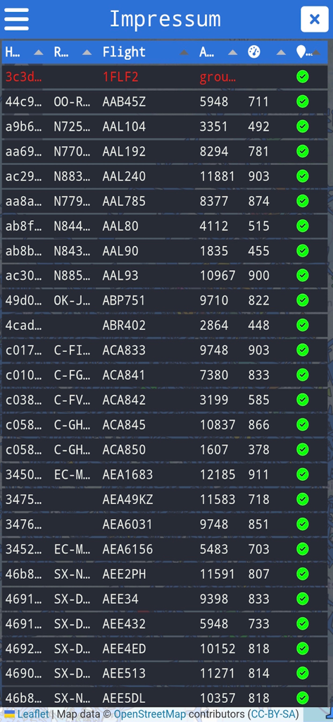 Radar Map - A list of live aircraft flights with tracking information including flight numbers and altitude