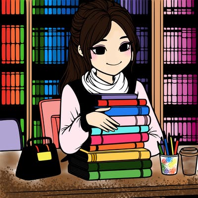 realistic girl reading lots of books in a library