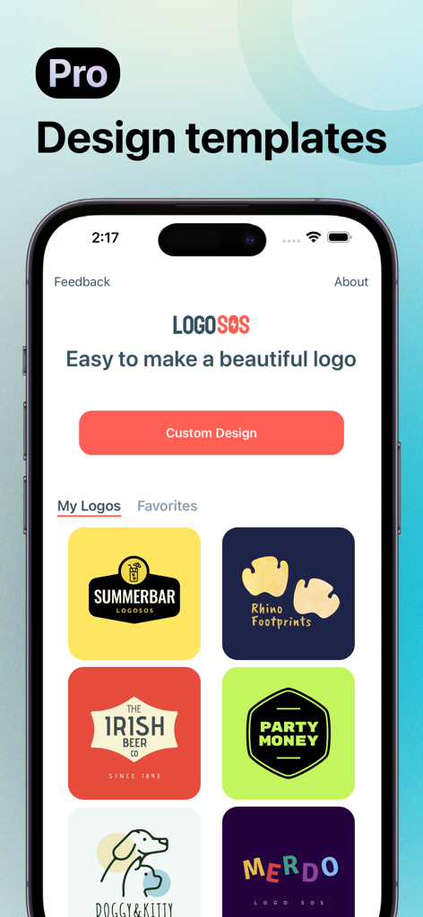 Logo Maker SOS: Design Creator - 기업가를 위한 다양한 전문 로고 디자인 템플릿을 보여주는 Logo Maker SOS 모바일 앱 인터페이스.
