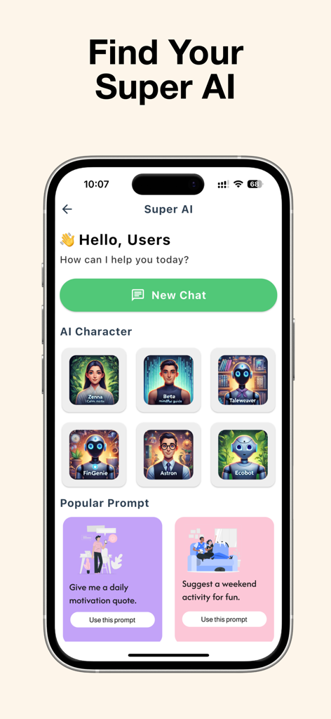 WhatScan : Dual Web Messenger - Interface of WhatScan app featuring Super AI characters and chat prompt suggestions