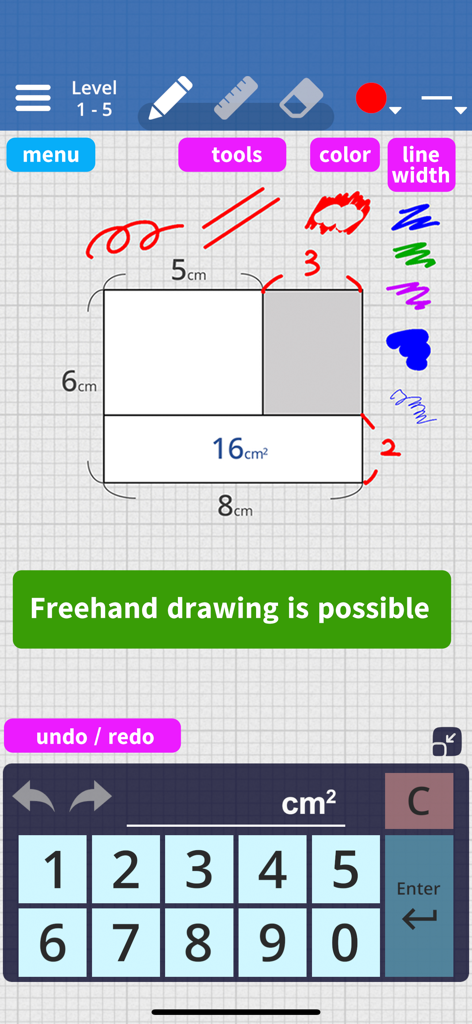 Area Quiz : Geometry Problems - Geometry puzzle interface showing a rectangle area problem with freehand drawing annotations and a number pad for answers.