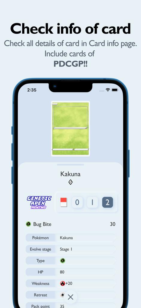 PTCGP Dex Pro: TCG Guide app - PTCGP Dex Pro app interface showing detailed card information for Kakuna including stats and evolution stage.