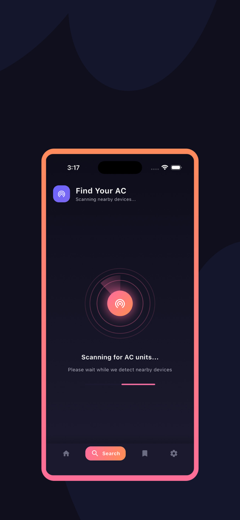 Smart AC Remote Control - Interfaccia dell'app Smart AC Remote Control che mostra il processo di scansione per trovare unità di condizionamento nelle vicinanze utilizzando un'animazione radar su uno sfondo scuro.