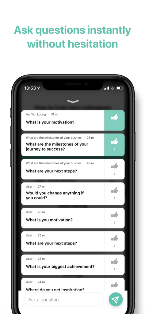Eventee mobile app interface showing a list of audience questions with upvote counts in a live Q&A session