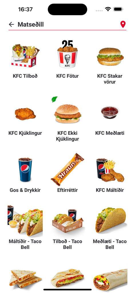 KFC Iceland - Pantalla de menú de la aplicación de KFC Islandia mostrando varias categorías de comida, incluyendo cubos de pollo y opciones de Taco Bell