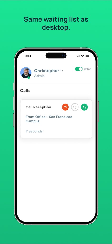 Virtual Front Desk Mobile - Mobile interface of the Virtual Front Desk app showing an incoming call notification from a front office reception