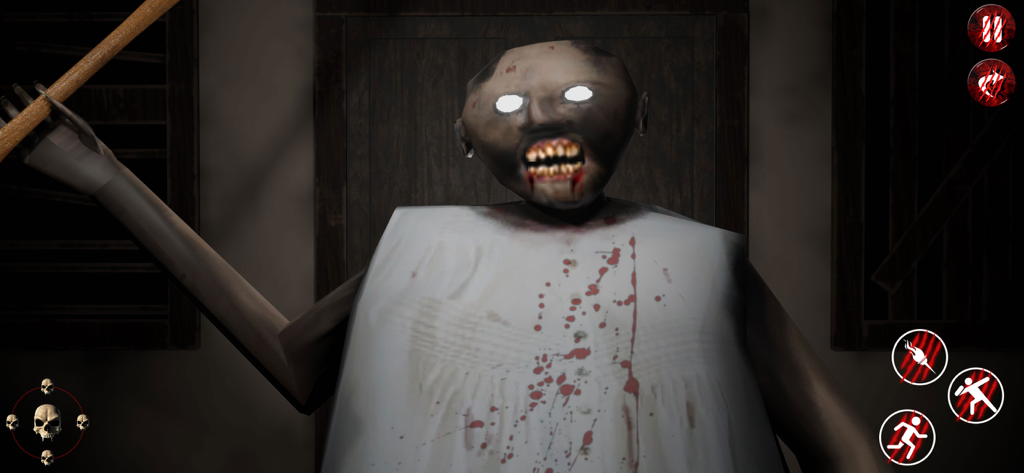 Un primer plano de un personaje aterrador con ojos blancos brillantes y un vestido manchado de sangre en una habitación oscura.