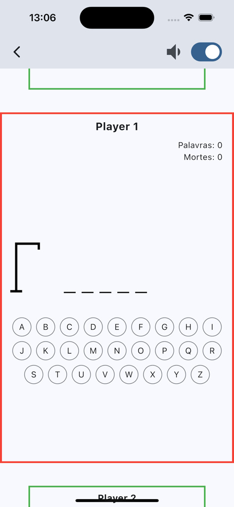 Jogo da Forca para Dois - Interface do jogo da forca para dois jogadores, mostrando um teclado de letras e espaços para palavras.