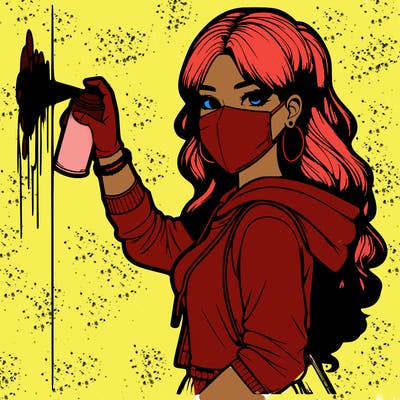 realistic girl with mask spray painting a wall