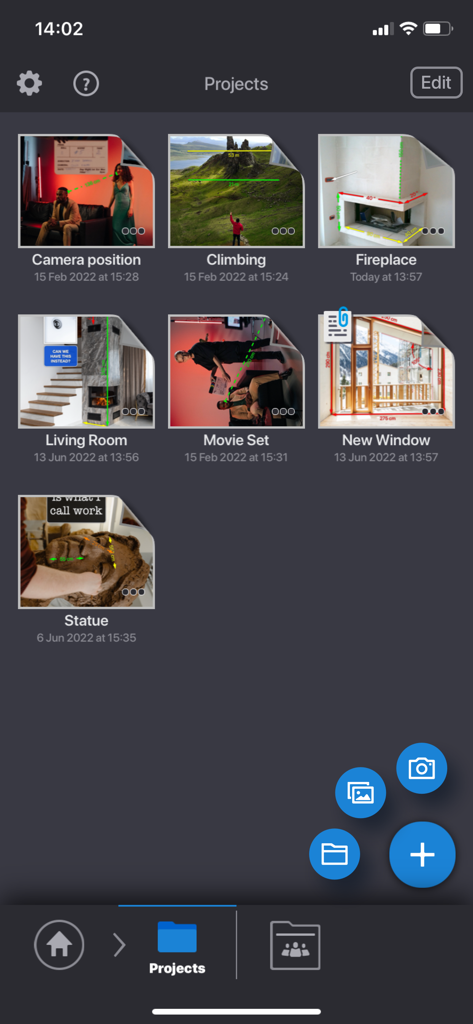 My Measures PRO + AR Measure - Interfaz de la aplicación My Measures PRO que muestra una cuadrícula de proyectos de medición que incluyen habitaciones interiores y escenas exteriores