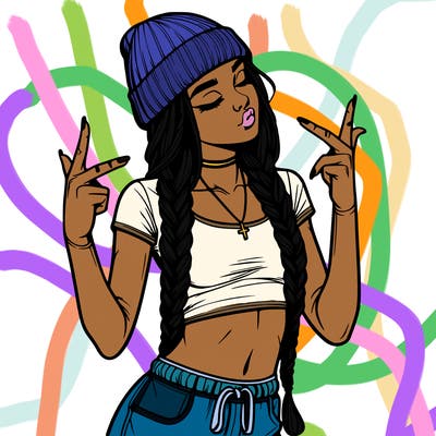 realistic teenage girl with braids and a beanie and crop top doing 🫶🏼