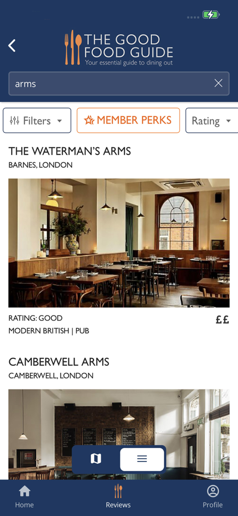 Good Food Guide - Search results for restaurants in London on The Good Food Guide app showing listings for The Waterman's Arms and Camberwell Arms.