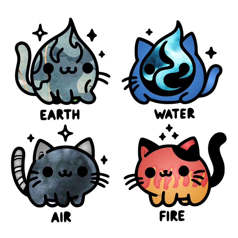 4 cats that represent the different elements, earth, water, air, and fire