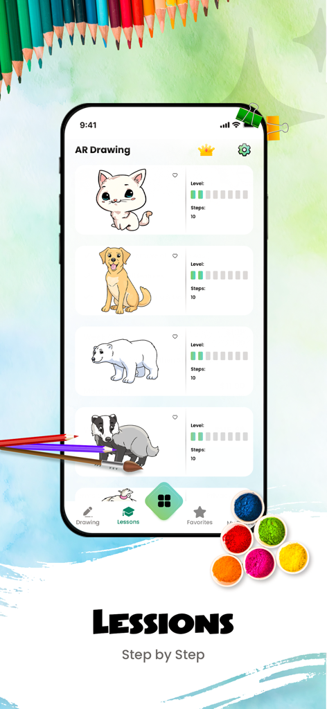 AR Drawing app screen showing step by step sketching lessons for animals