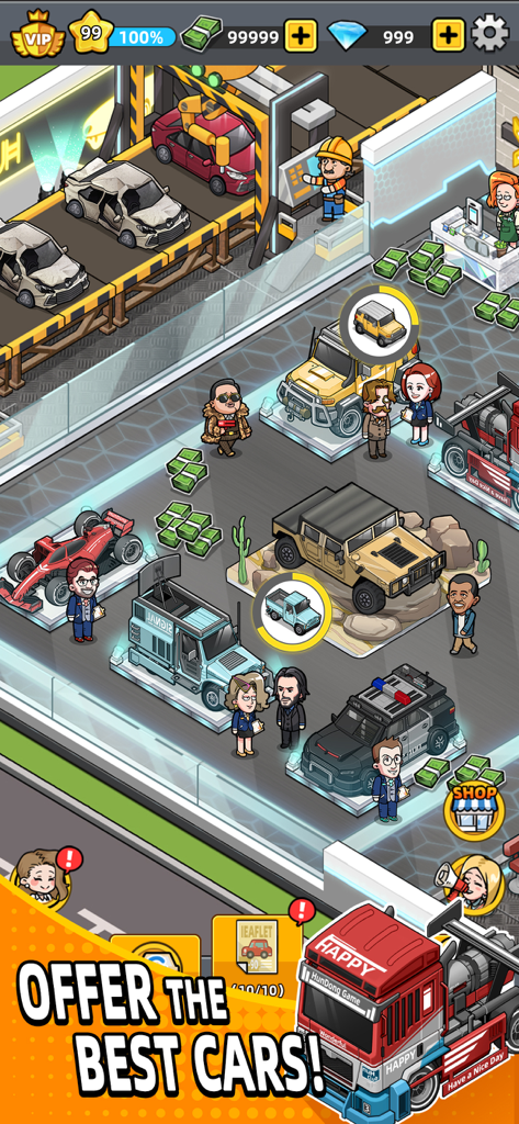Used Car Tycoon Games - A bustling car dealership showroom in the Used Car Tycoon mobile game with multiple vehicles and stacks of cash.
