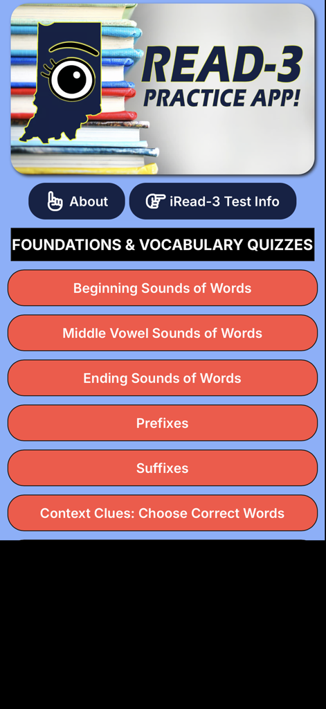 iRead-3 Practice App - Main menu of the iRead-3 Practice App displaying foundation and vocabulary quiz categories for Indiana students