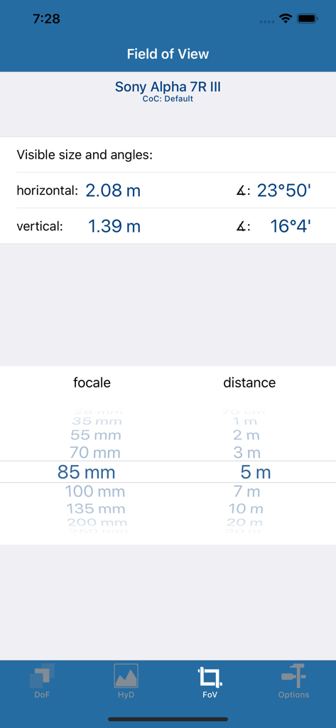 Der Sichtfeld-Bildschirm der DoF plus App, der horizontale und vertikale Berechnungen für eine Sony Alpha 7R III Kamera anzeigt