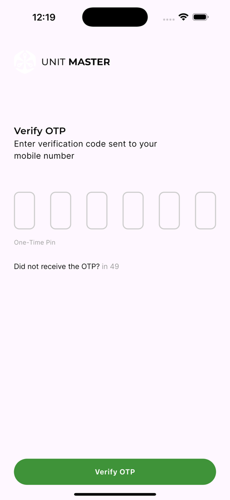 Mobile app screen for OTP verification with six digit input boxes and a verify button