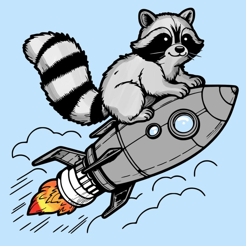 realistic raccoon flying on top rocket ship