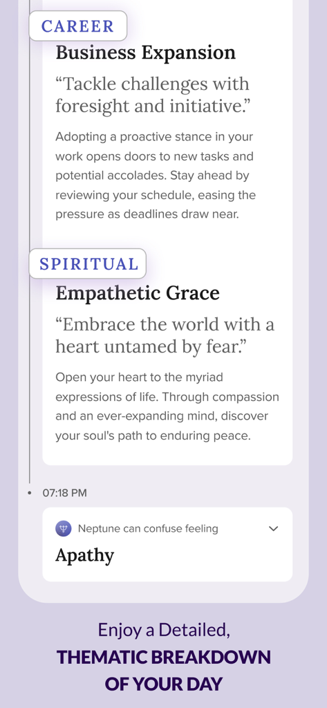 FORCETELLER - Astra Horoscope - Forcetellerアプリでのキャリアとスピリチュアルな洞察のための詳細なテーマ別毎日の星占い内訳