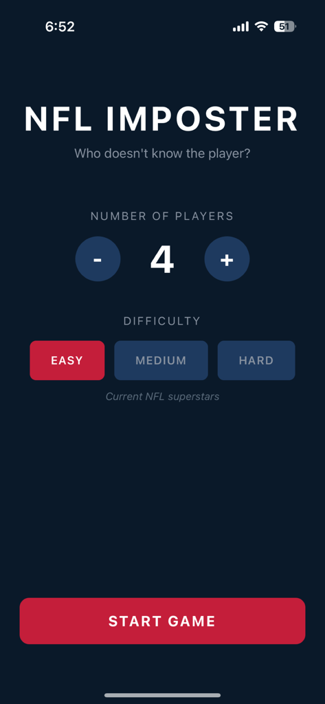 Sports Imposter - NFL Imposter mobile app game setup screen showing player count and difficulty selection