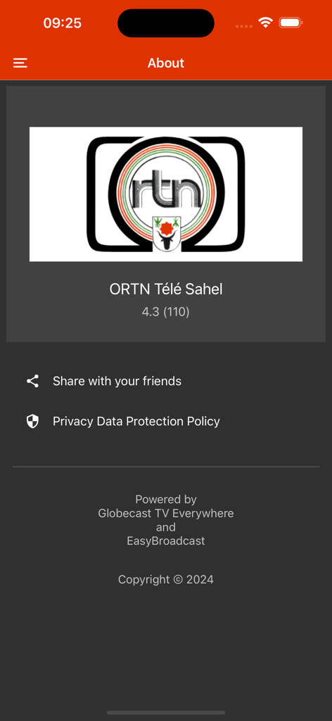 ORTN Télé Sahel - About screen of the ORTN Tele Sahel app displaying the logo and rating