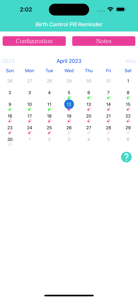 Birth Control Pill Reminder + - A monthly calendar interface in the Birth Control Pill Reminder app showing tracked pill intake and scheduled placebo days.