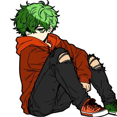 a male hoddie ripped jeans messy hair anime