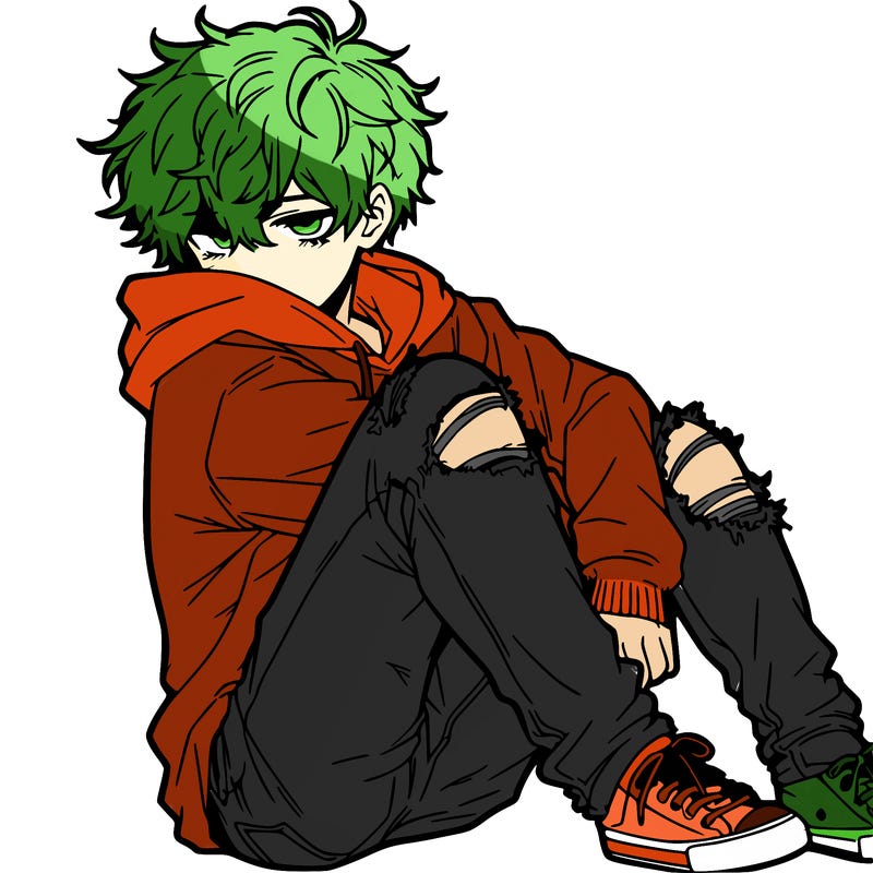 a male hoddie ripped jeans messy hair anime
