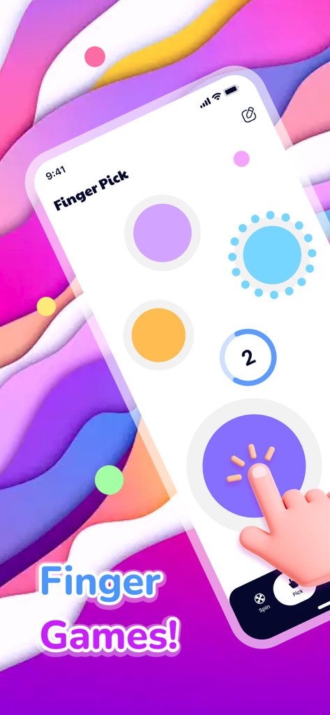 Wheel Spinner: Finger Chooser - A digital finger chooser interface on a smartphone where a hand touches a purple circle to make a random group decision.
