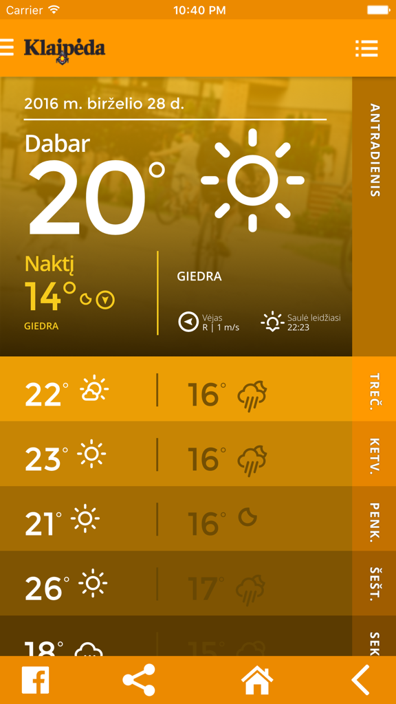 KL.lt - Pantalla de pronóstico del tiempo de la aplicación de noticias de Klaipeda