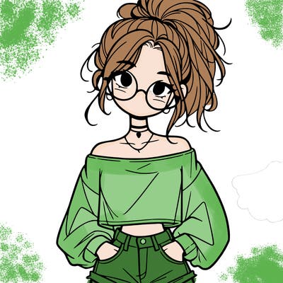 girl with a messy ponytail glasses a baggy crop top and jean shorts