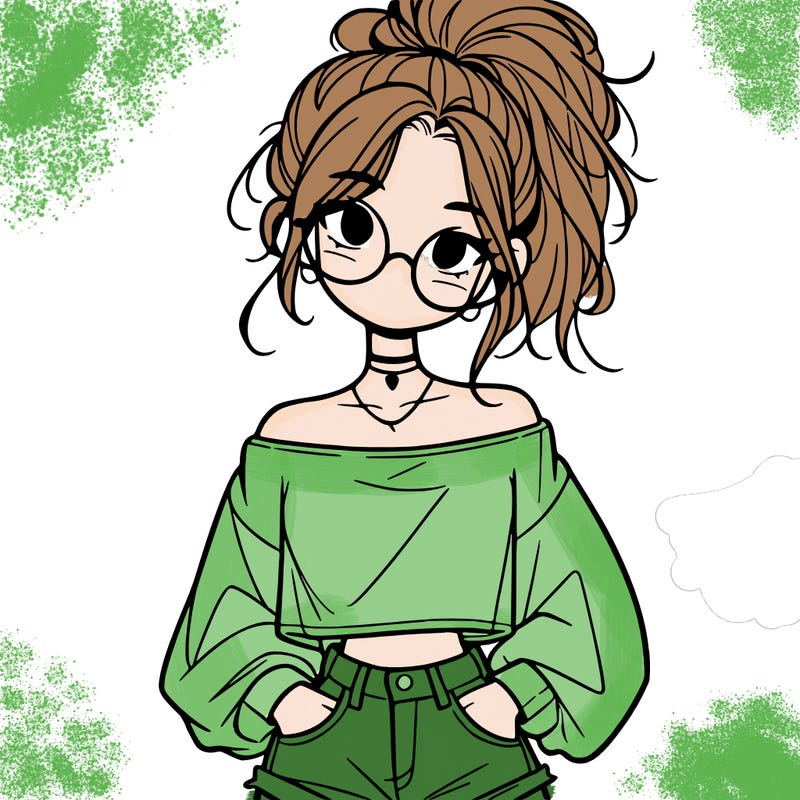 girl with a messy ponytail glasses a baggy crop top and jean shorts