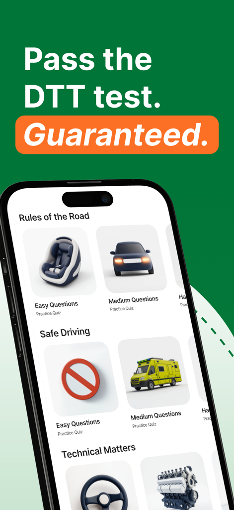 Driving Test Routes Ireland - Mobile app interface showing practice quizzes for the Irish driving theory test with categories like Rules of the Road and Safe Driving