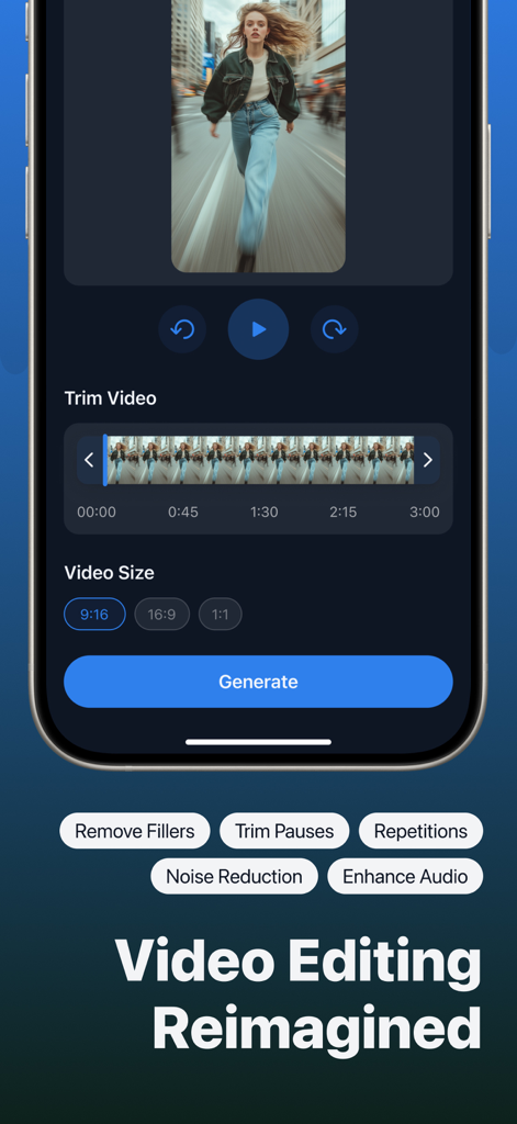Interfaz de aplicación móvil para edición de vídeo y audio impulsada por IA con herramientas de recorte y mejora