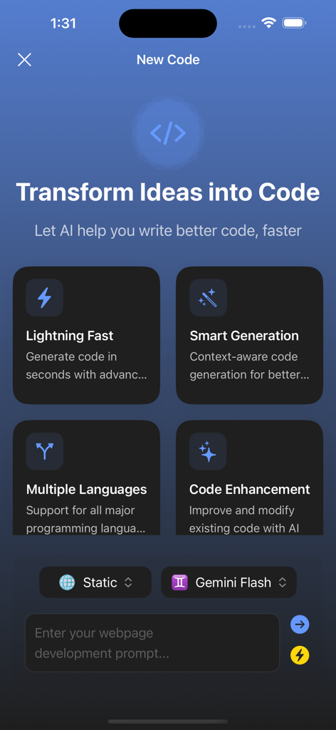 AI Website Builder - アイデアをコードに変換するAI機能（超高速生成、複数言語サポートなど）を表示するアプリ画面。