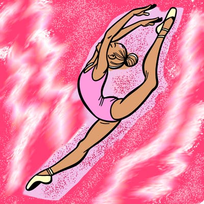 gymnast doing a leap in a leotard with a bent back leg