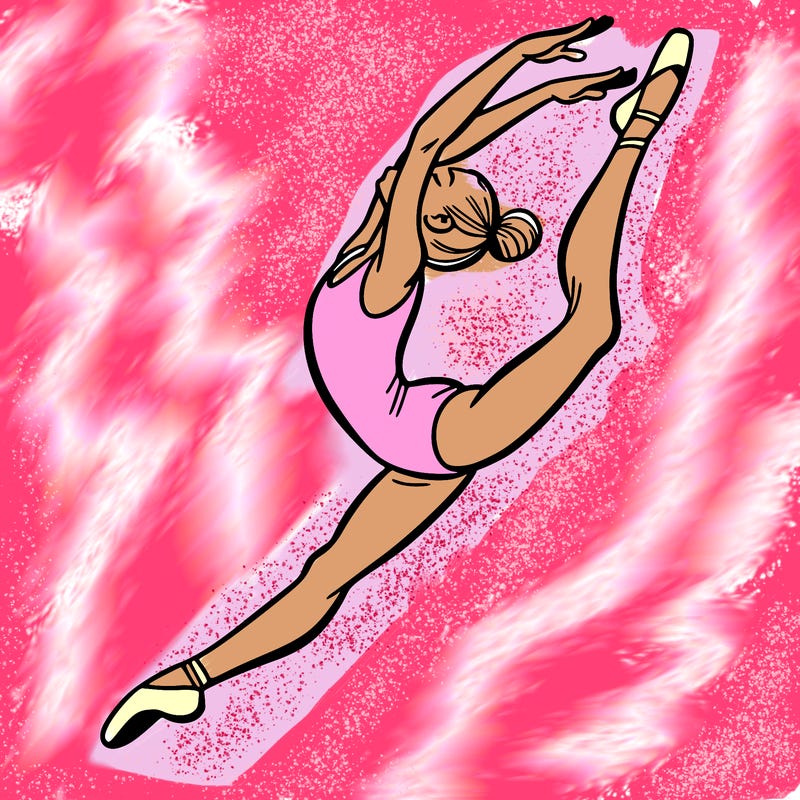 gymnast doing a leap in a leotard with a bent back leg