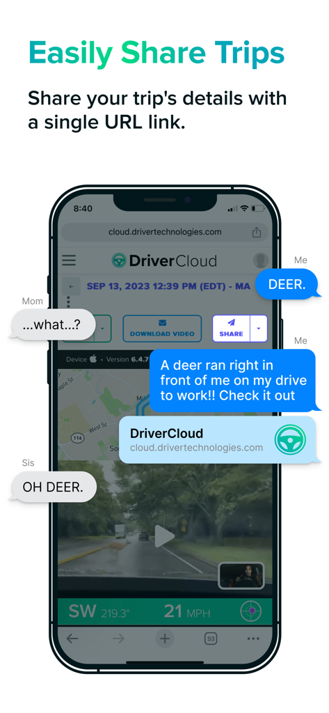 A smartphone showing the Driver app sharing a trip recording and location data via a single link in a text conversation.