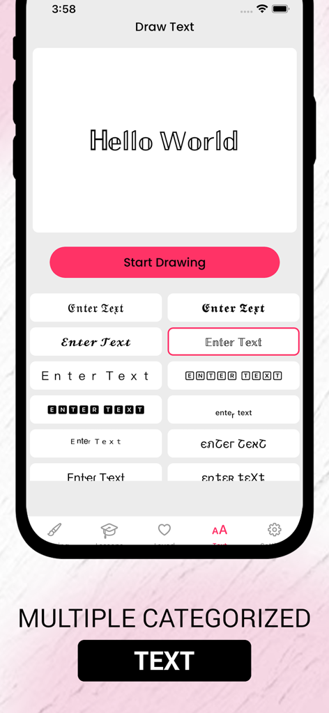 Pantalla de la aplicación AR Drawing que muestra varios estilos de fuente y opciones de caligrafía para calcar y dibujar.