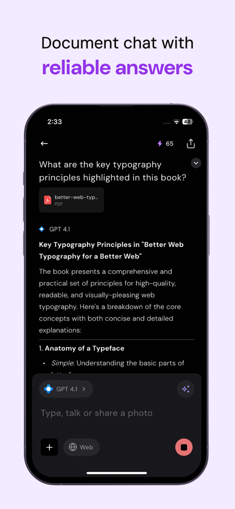 Merlin AI: AI Chat Assistant - Merlin AI mobile app interface showing a PDF summary about typography principles with reliable answers.