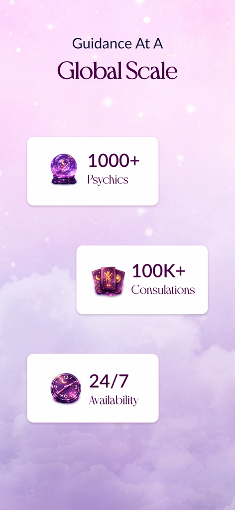 App screen for Tarot Life showing statistics like 1000 plus psychics and 24/7 availability on a starry purple background