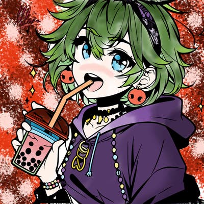 hot baddie anime girl drinking boba and biting the straw