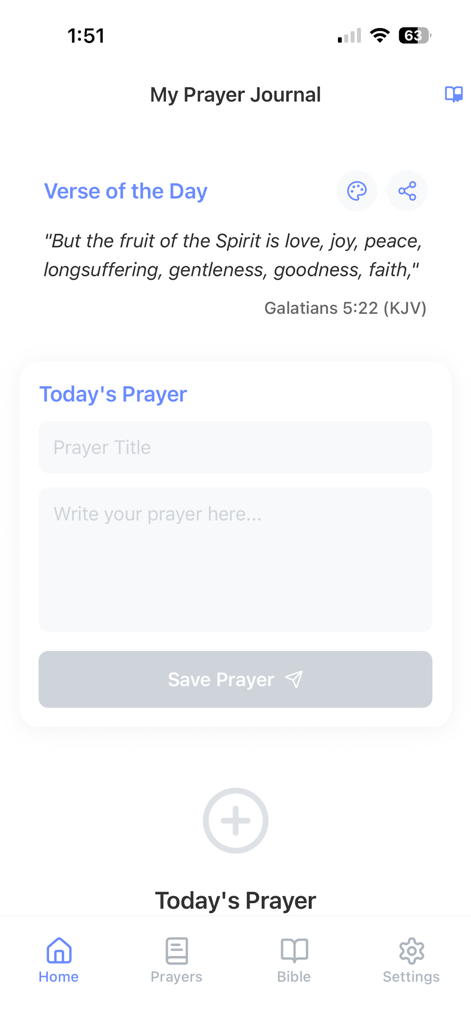 My Prayer Journal & Bible App - The home screen of the My Prayer Journal app showing the Verse of the Day and a daily prayer entry form.