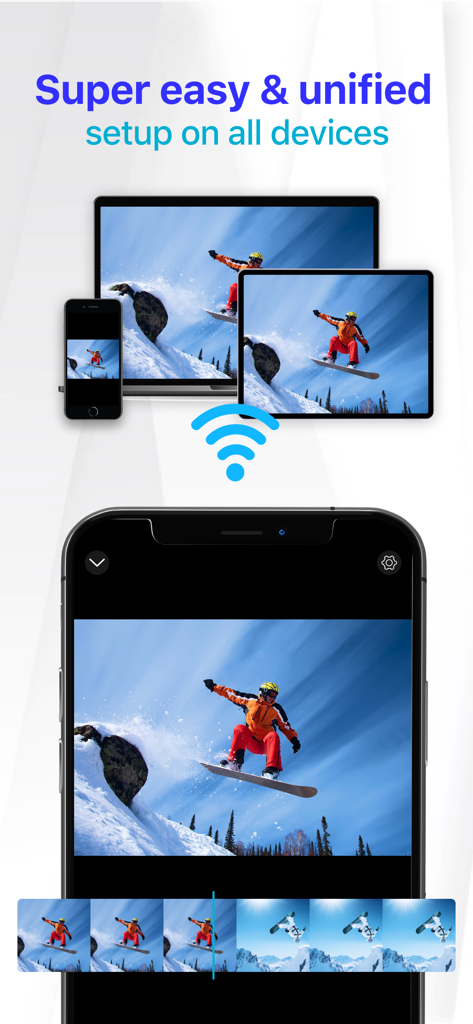 Cast to TV: Wireless display - Interfaz que muestra la duplicación de pantalla inalámbrica desde un iPhone a un portátil y una tableta con un video de snowboard.