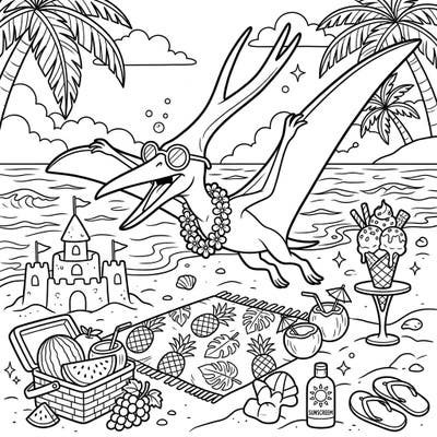 Get ready for a prehistoric summer vacation with this exciting Nyctosaurus coloring page designed specifically for teens. This detailed scene captures a cool pterosaur enjoying a beach day, complete with refreshing treats and sunny vibes.