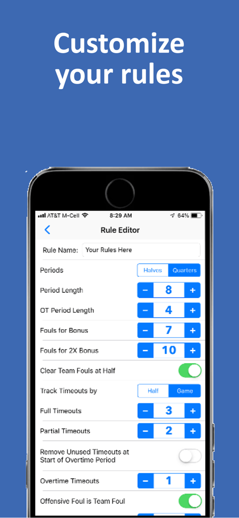Basketball Scorebook plus Stats rule editor interface showing customization options for periods fouls and timeouts