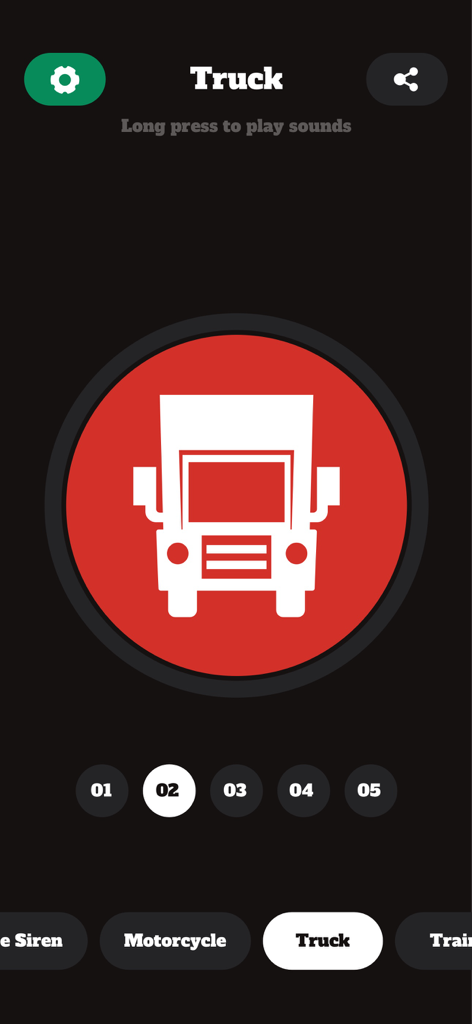 Horn Sounds - Car Horn & Siren - Truck horn sound interface in the Horn Sounds app showing a large red button with a truck icon.