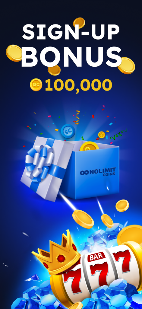 NoLimitCoins welcome bonus of 100000 gold coins and slot machine graphic